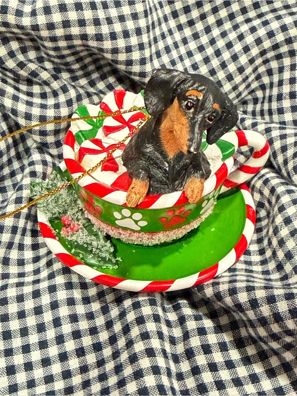 Danbury Mint Black and Brown Dachshund in Red, White and Green Teacup Ornament